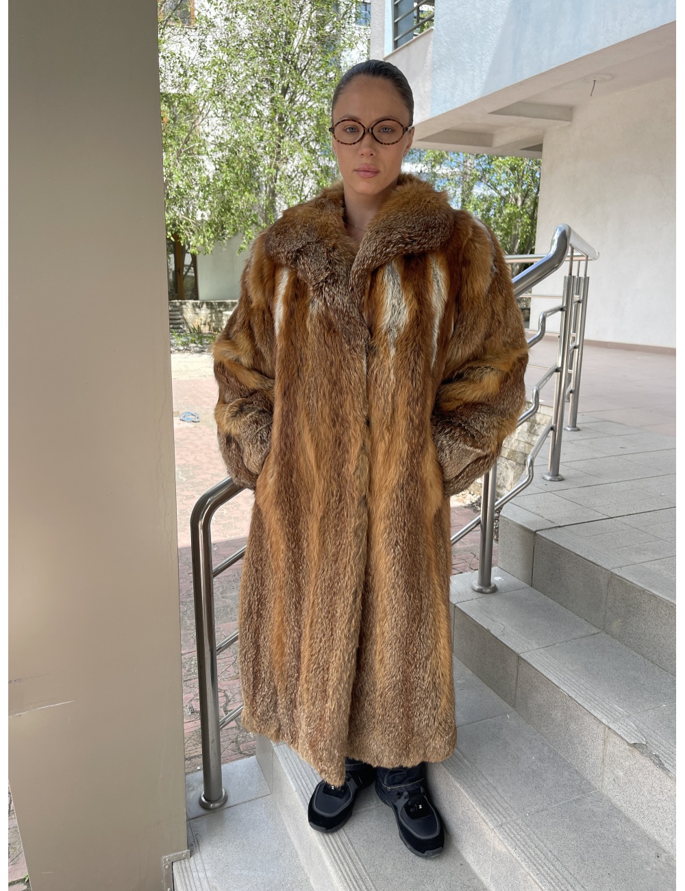 Red long vintage fox coat